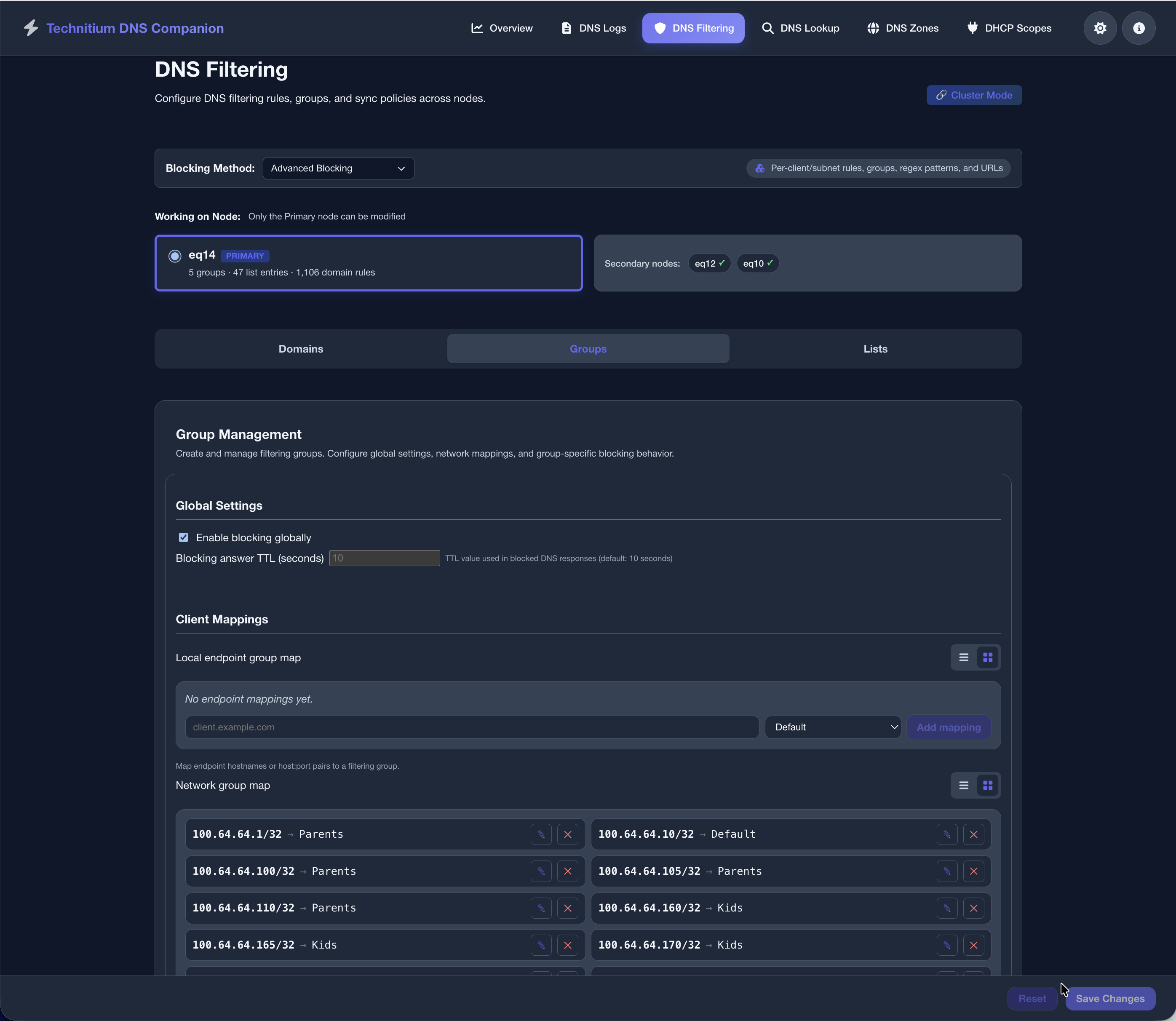 DNS filtering - advanced groups (dark)