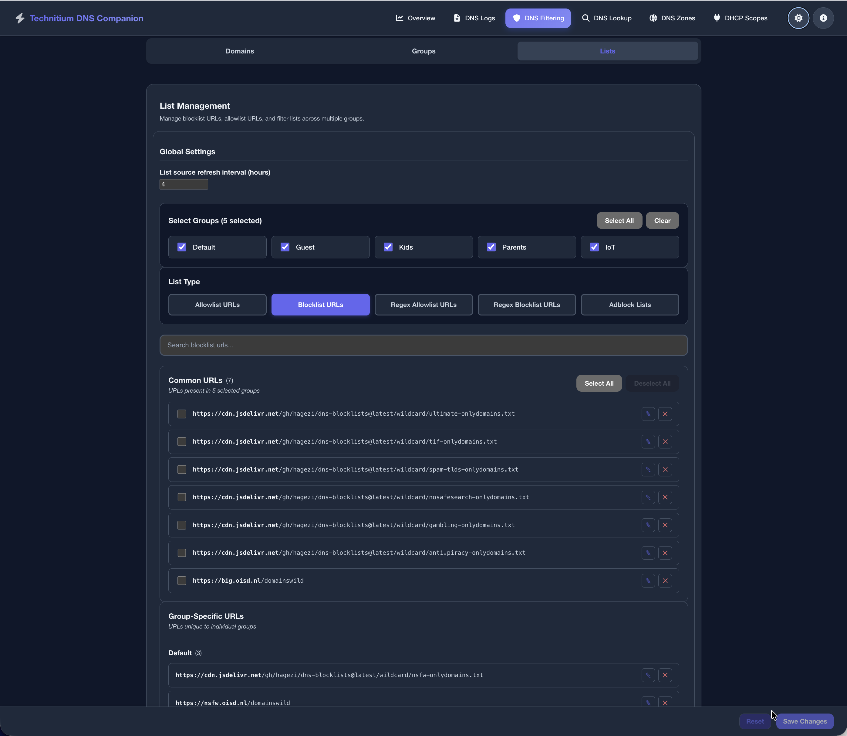 DNS filtering - advanced lists (dark)