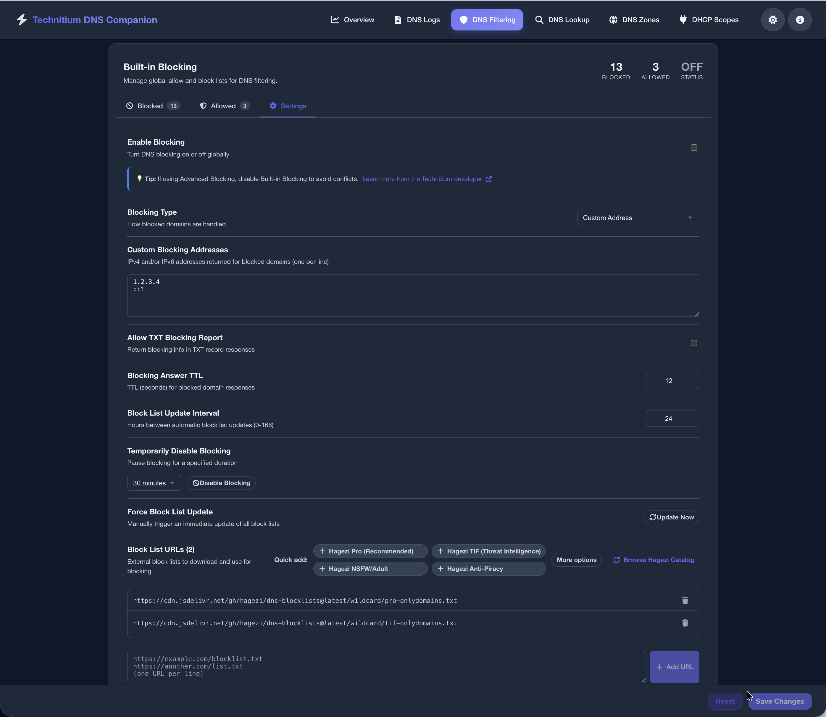 DNS filtering - built-in settings (dark)