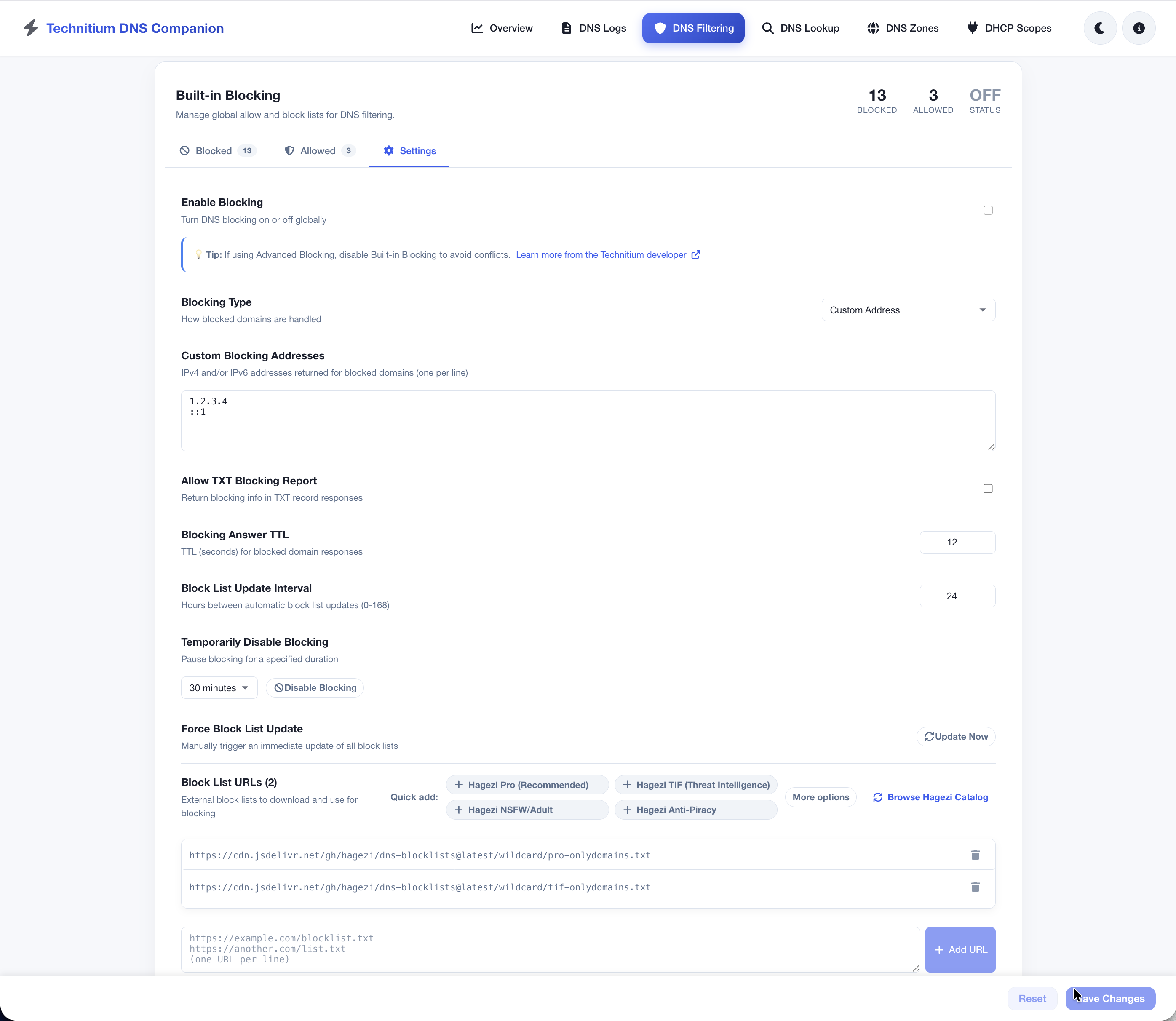 DNS filtering - built-in settings (light)