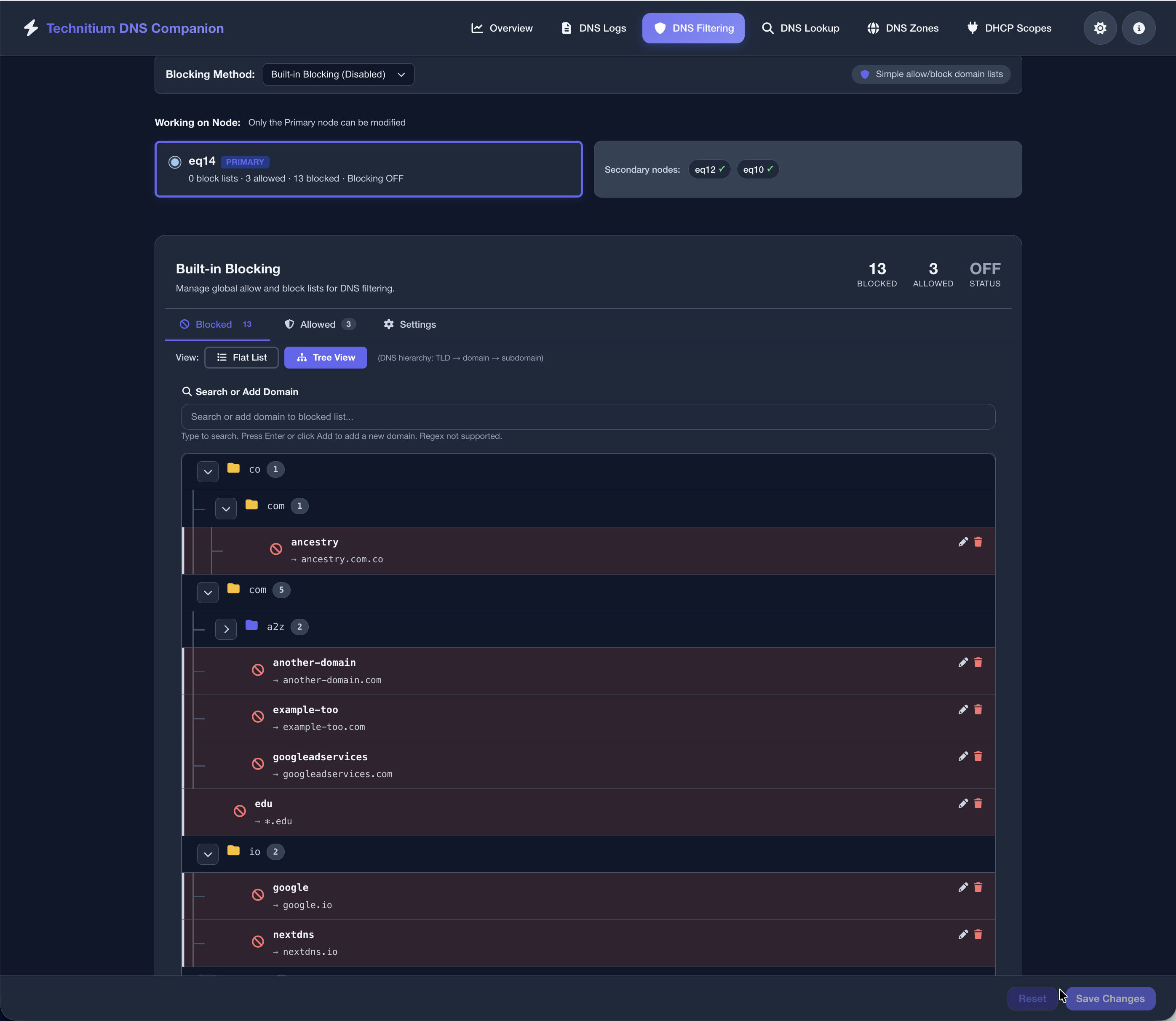 DNS filtering - built-in tree view (dark)