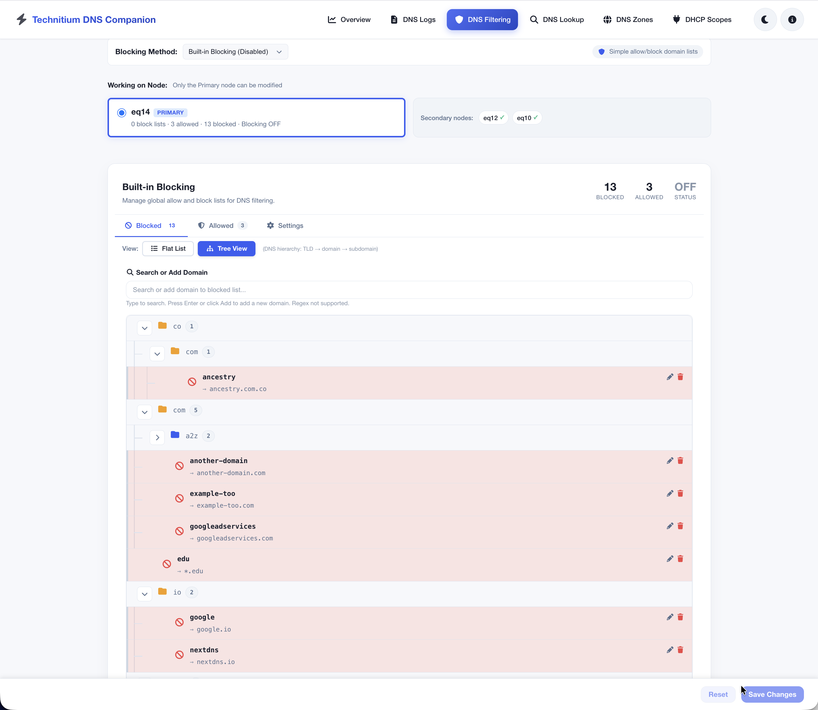 DNS filtering - built-in tree view (light)